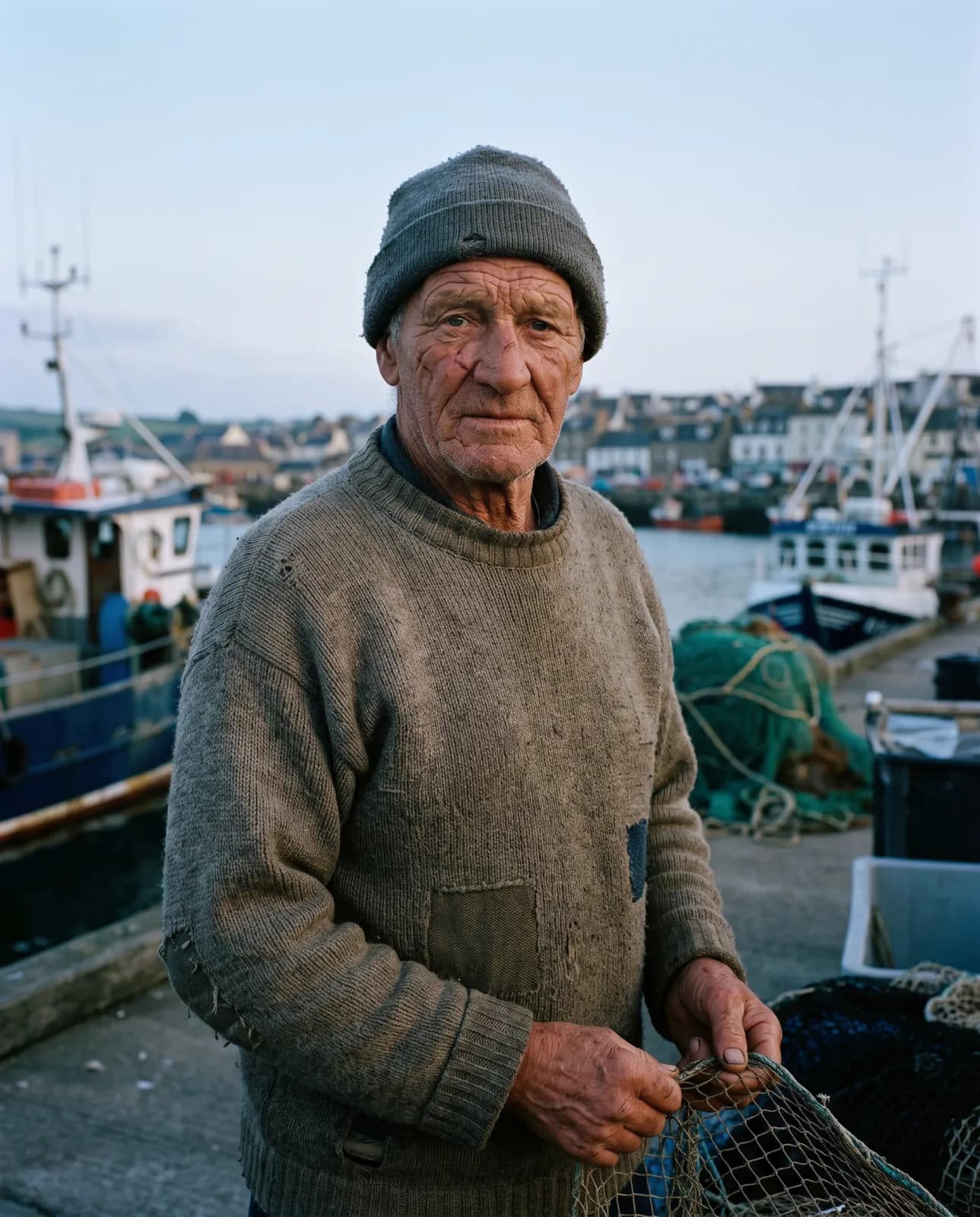 Portrait of an elderly fisherman at dawn